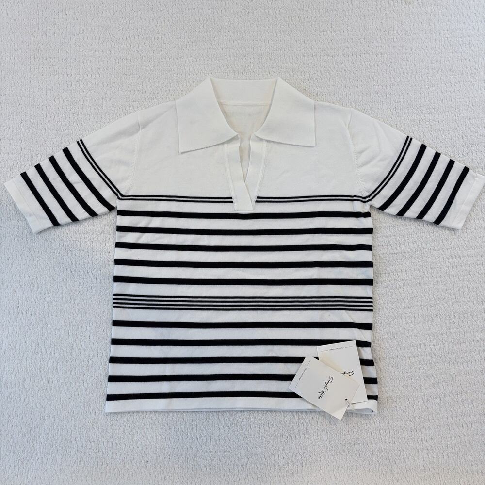 Simple Retro White Black Striped Knit Polo Top XS Short Sleeve Collared